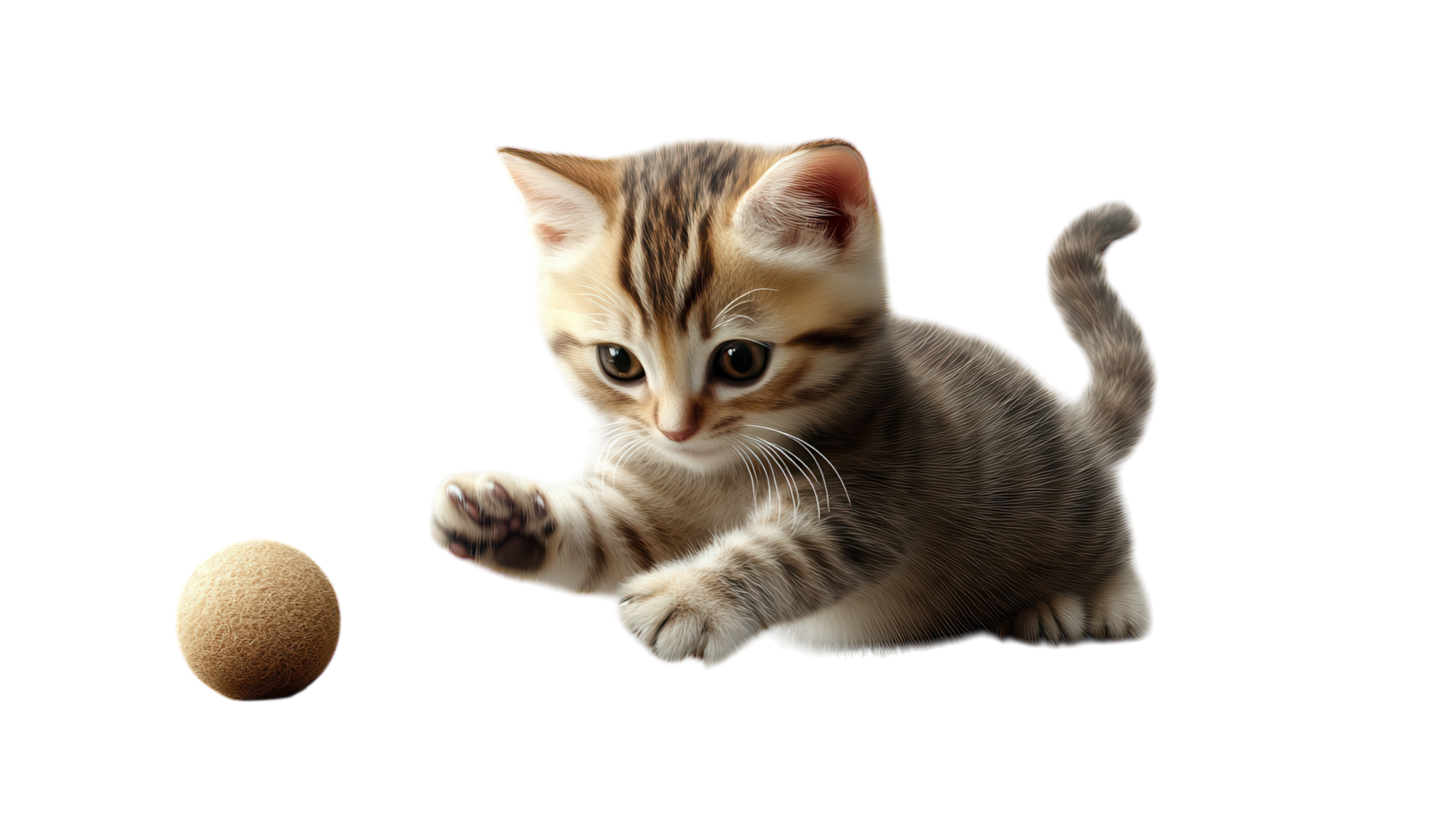 A playful kitten engages with a soft ball in a cozy indoor setting during daylight hours. png