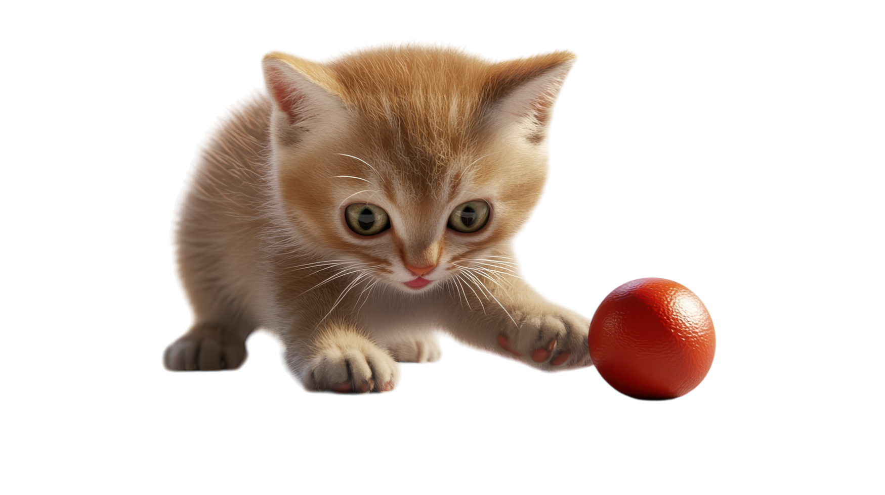 A curious kitten plays with a small red ball in a bright, playful atmosphere on a transparent background. png