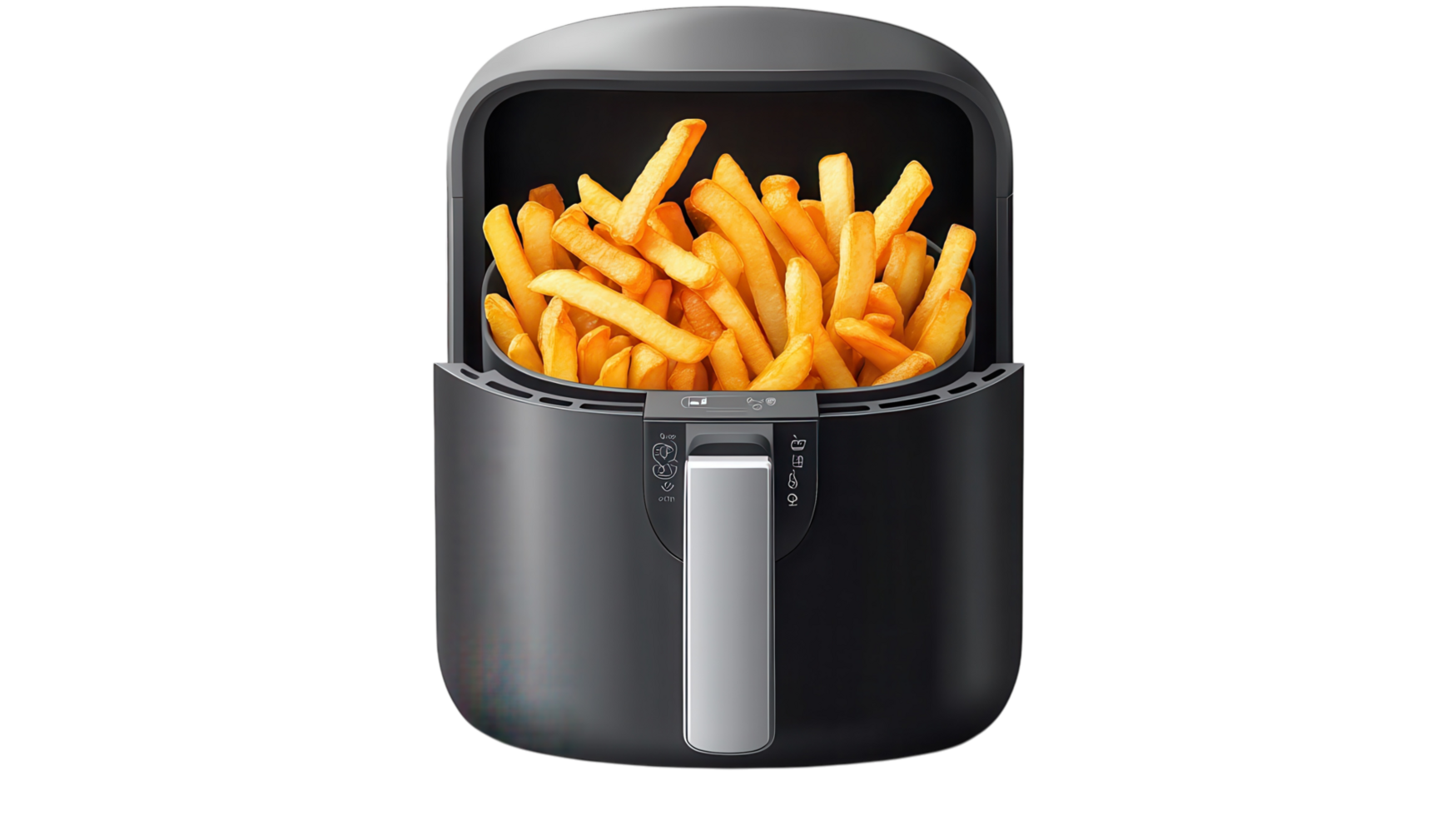 Delicious golden french fries in a modern air fryer ready to serve. png