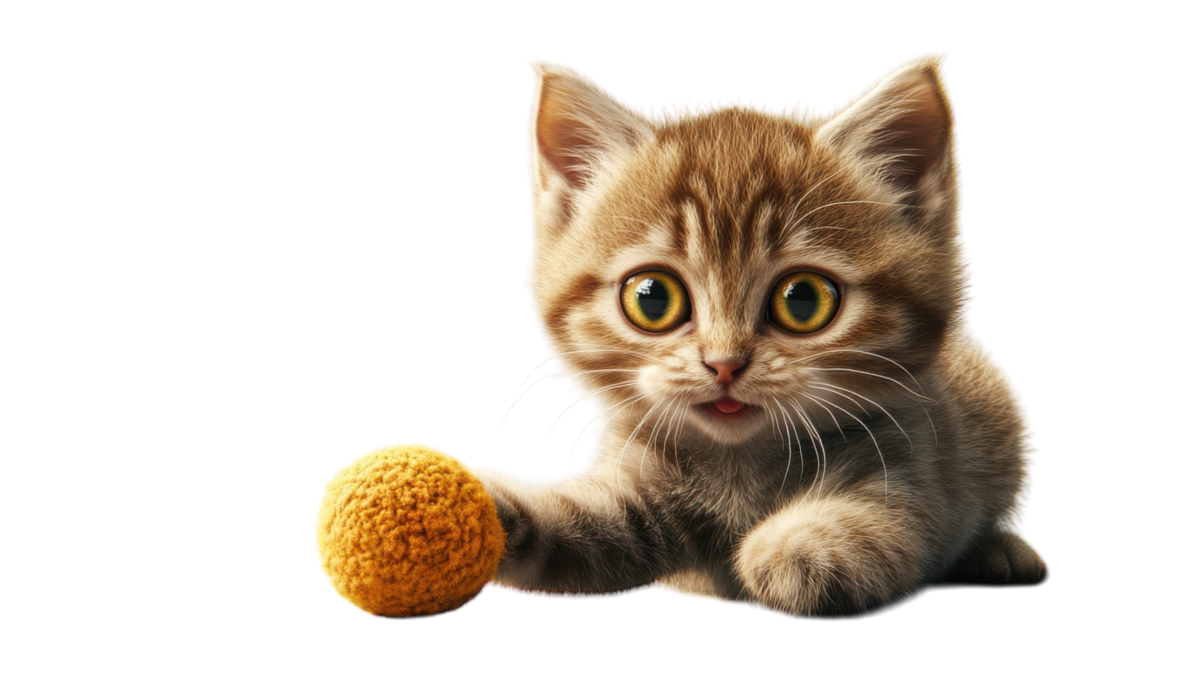 A playful kitten with large eyes enjoying a yellow ball in a bright, light-filled room during the afternoon. png