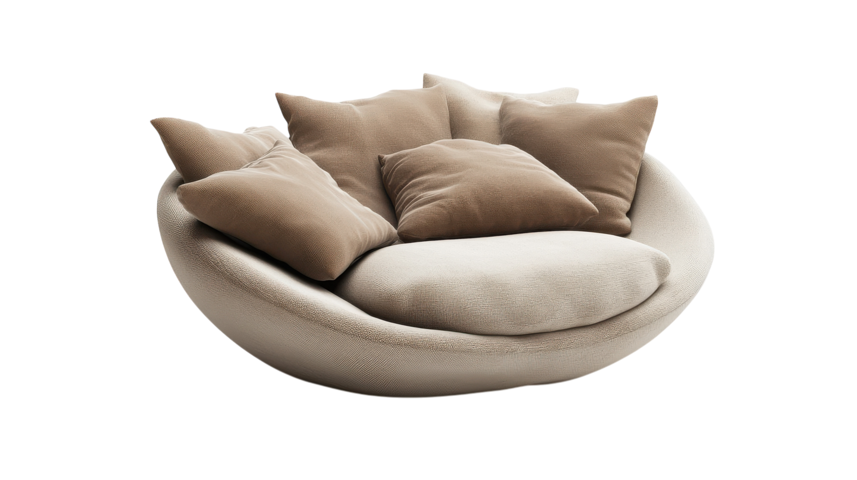 Stylish and modern round sofa with plush cushions, perfect for cozy living room settings or relaxation areas at home. png