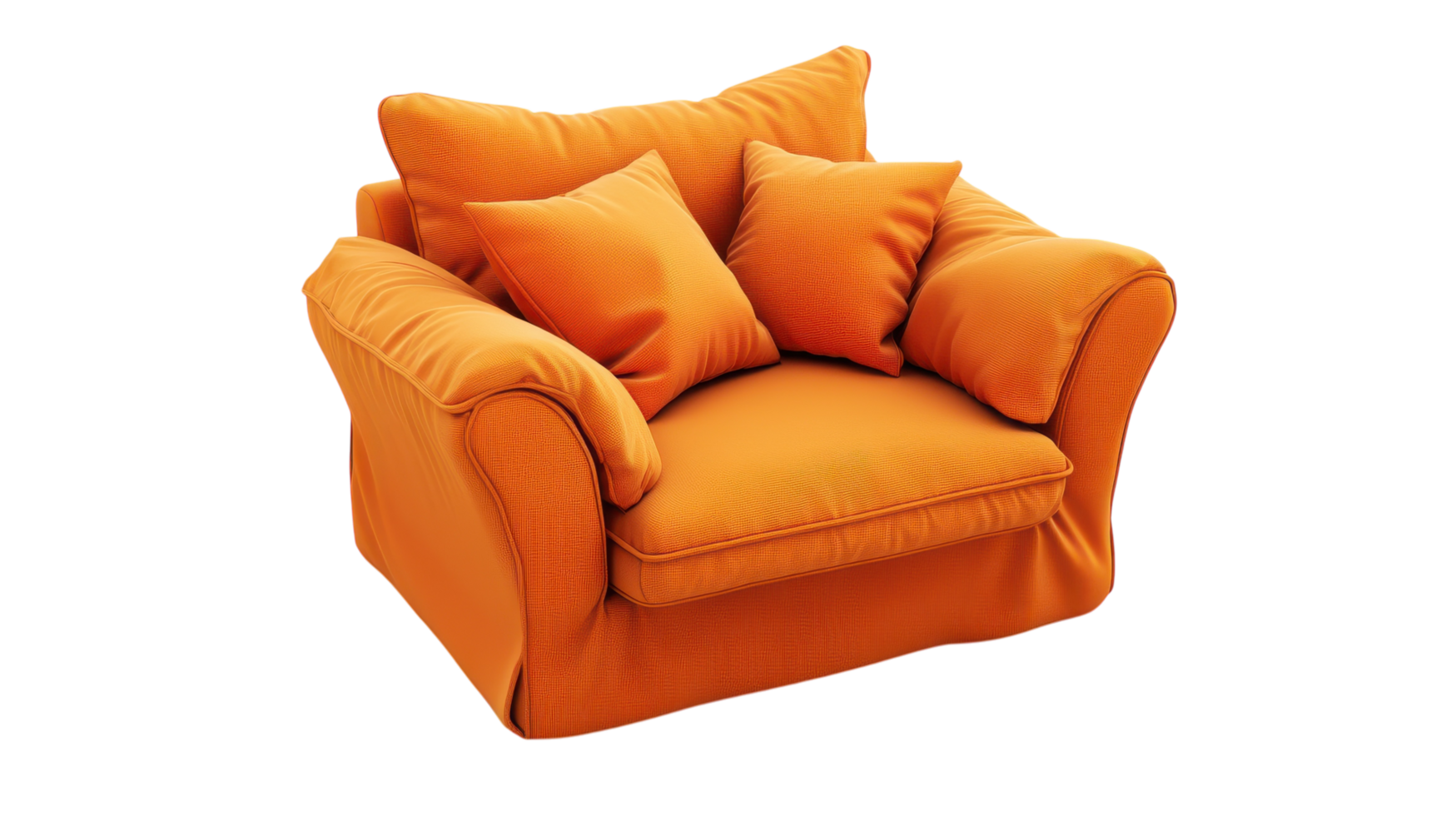 Bright orange armchair with four cushions placed on a transparent background for interior design concepts. png