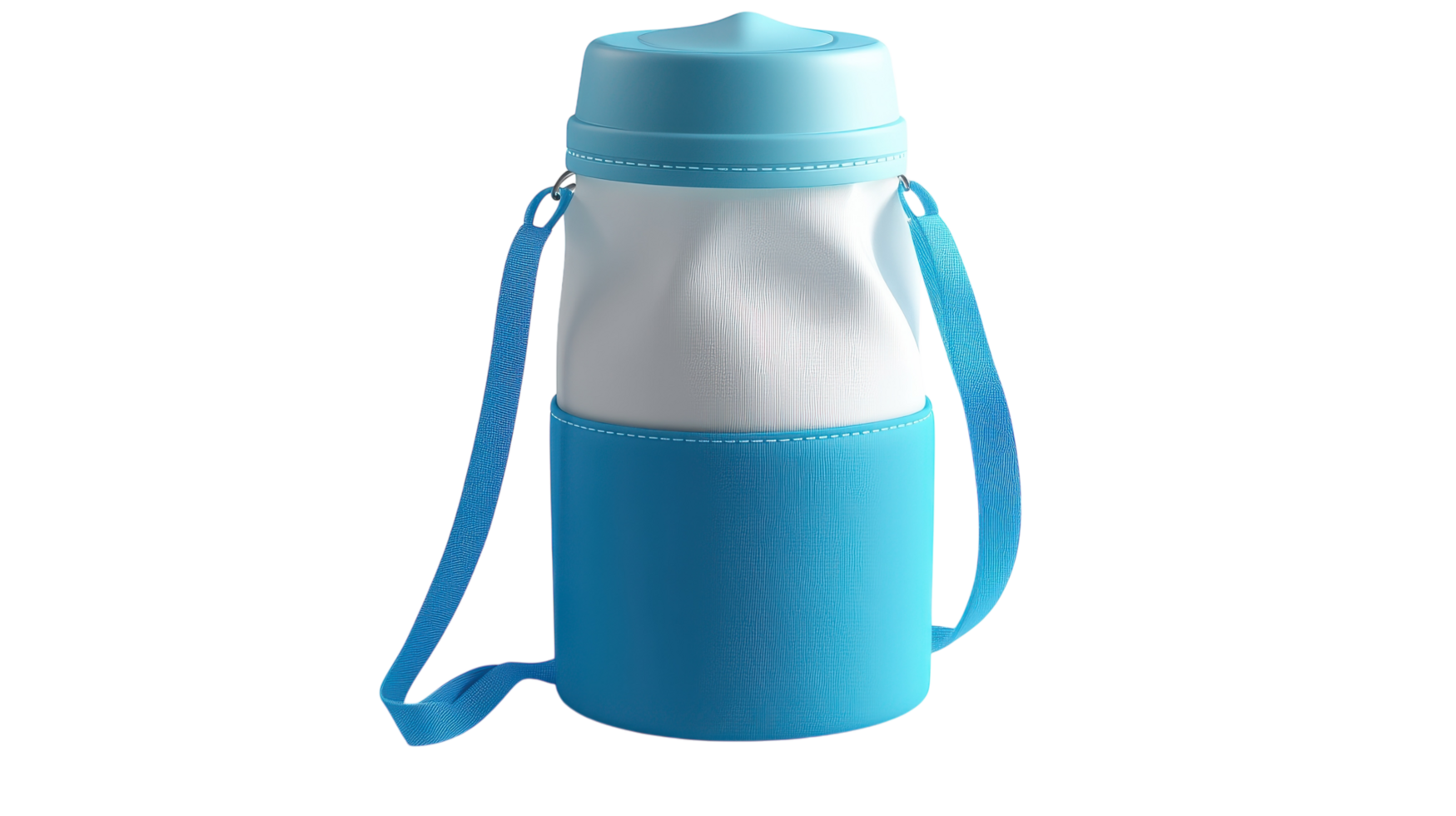 Stylish blue water bottle with a comfortable shoulder strap designed for outdoor activities or gym use. png