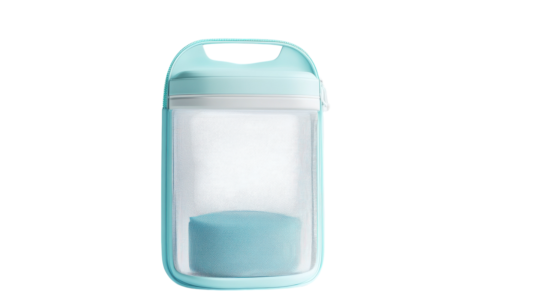 Transparent container with a light blue sponge inside, designed for holding cleaning materials in a modern kitchen setting. png