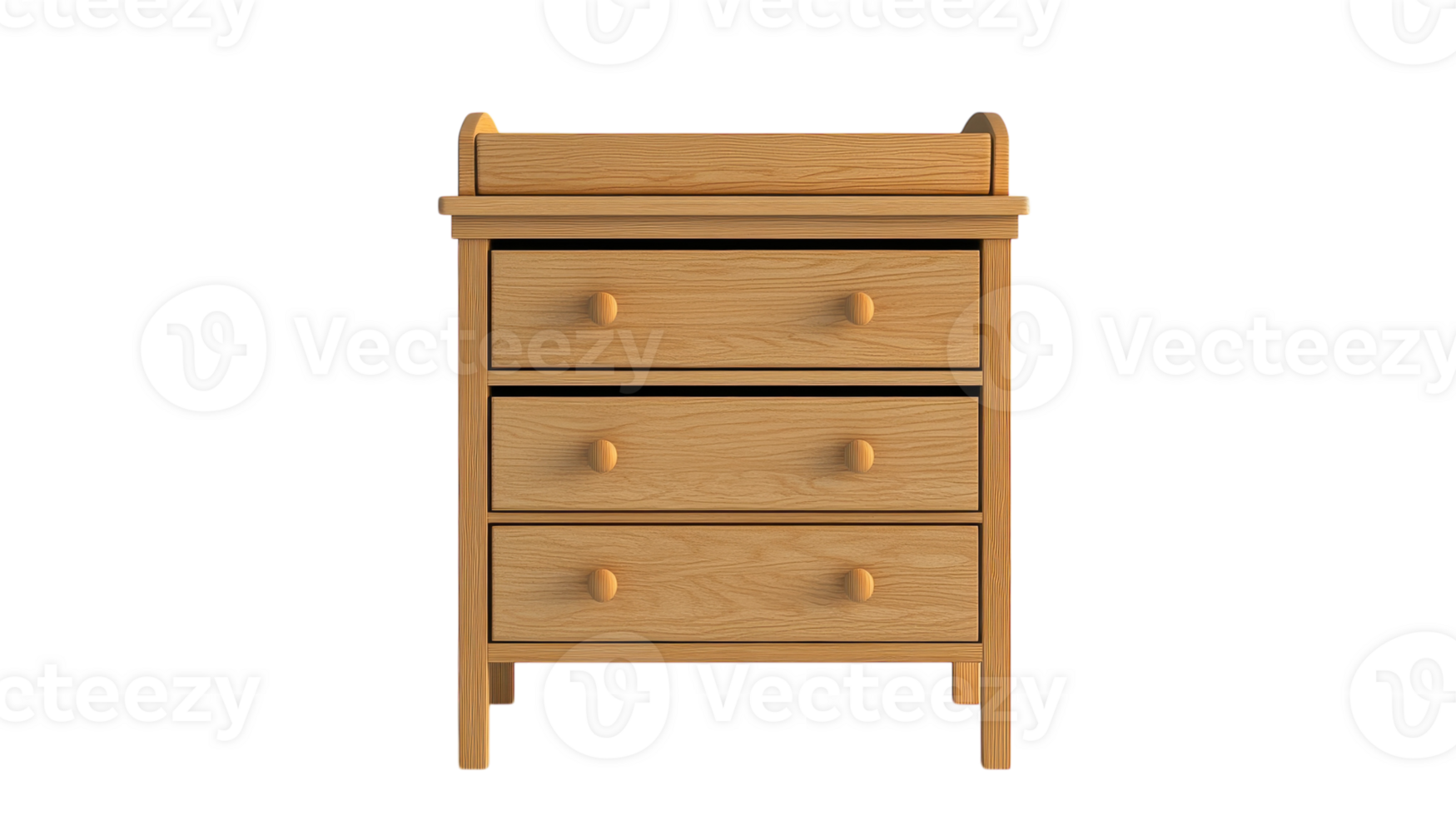 A wooden nightstand with three drawers and rounded edges displayed against a transparent background for furniture design. png