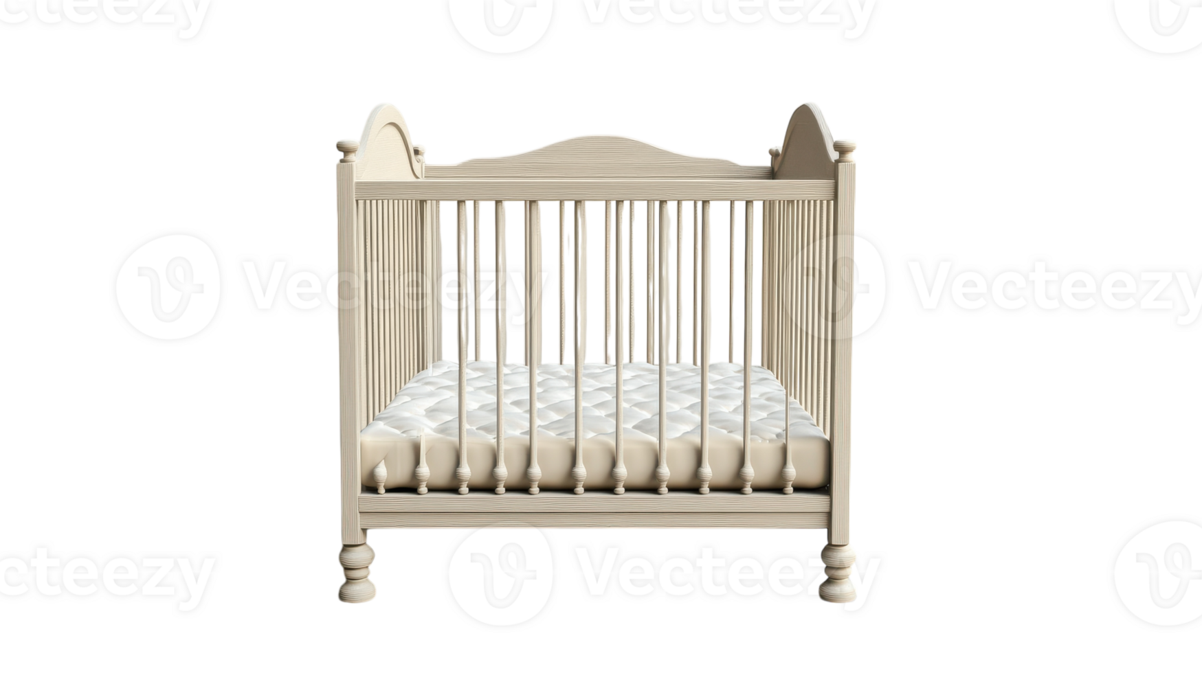 Classic wooden crib with a soft mattress designed for a nursery, empty and ready for a new baby, with a neutral finish. png