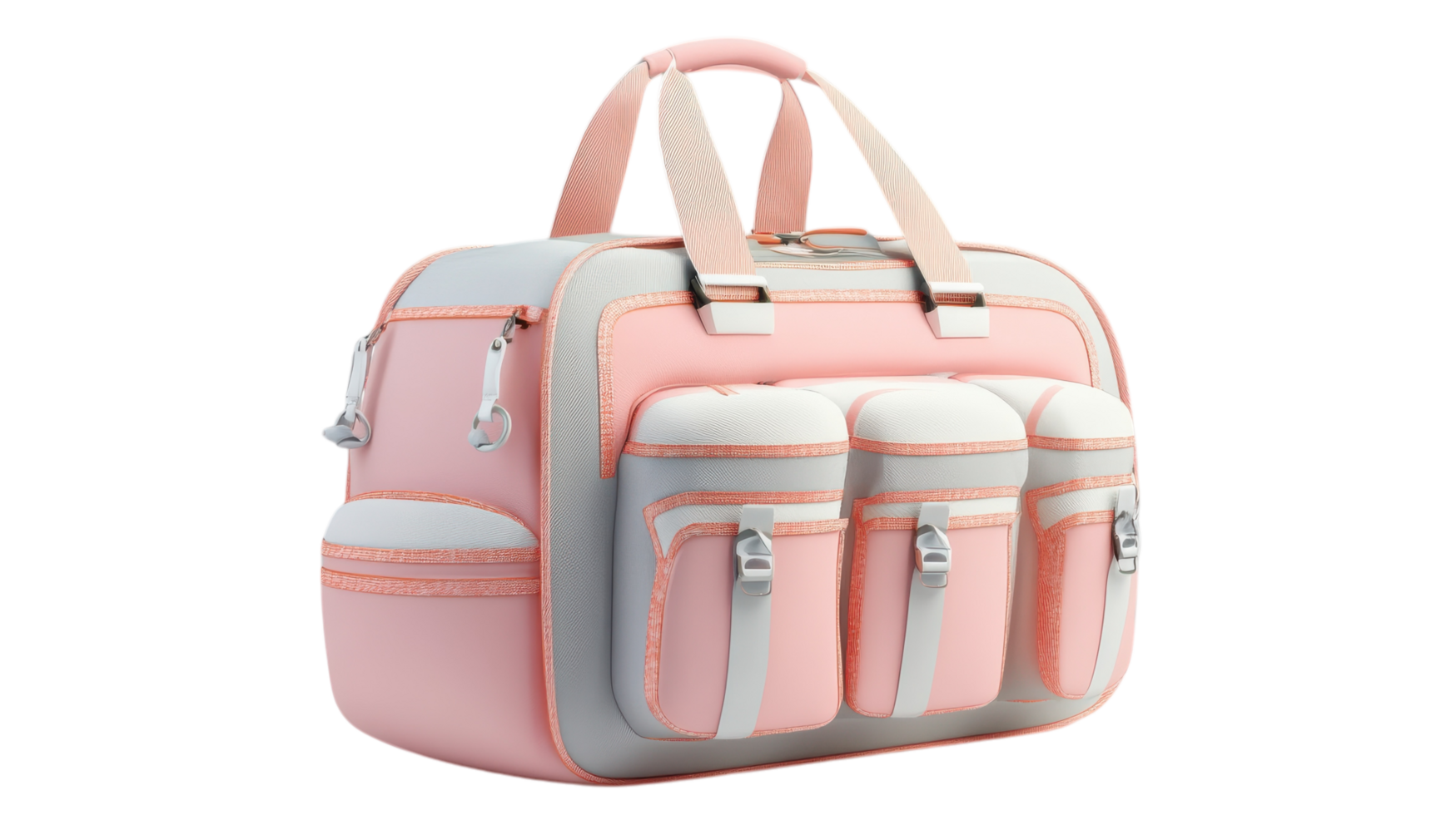 A pink and white backpack with three compartments png