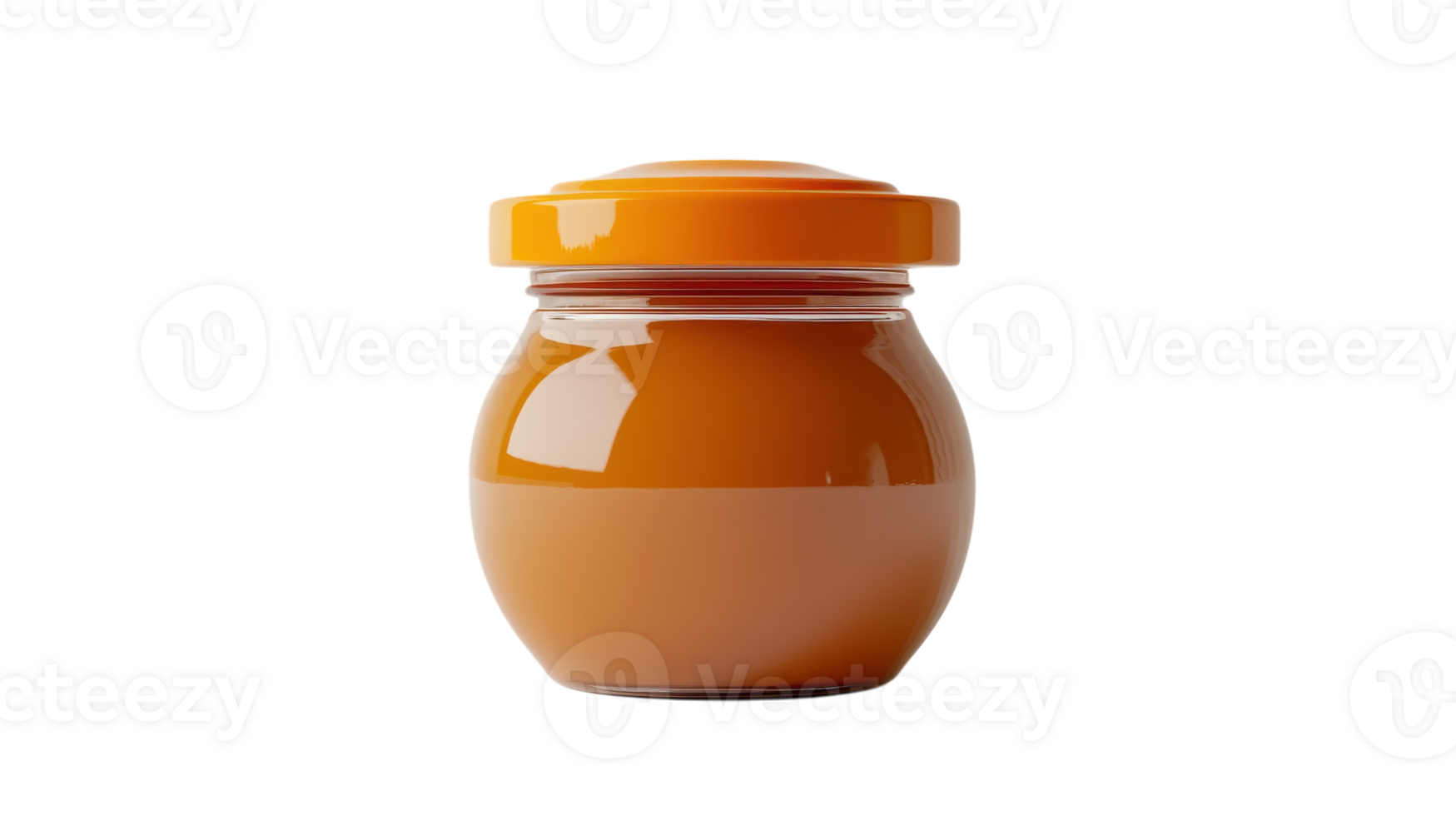 A glass jar filled with smooth peanut butter featuring a bright orange lid on a clean, transparent background. png