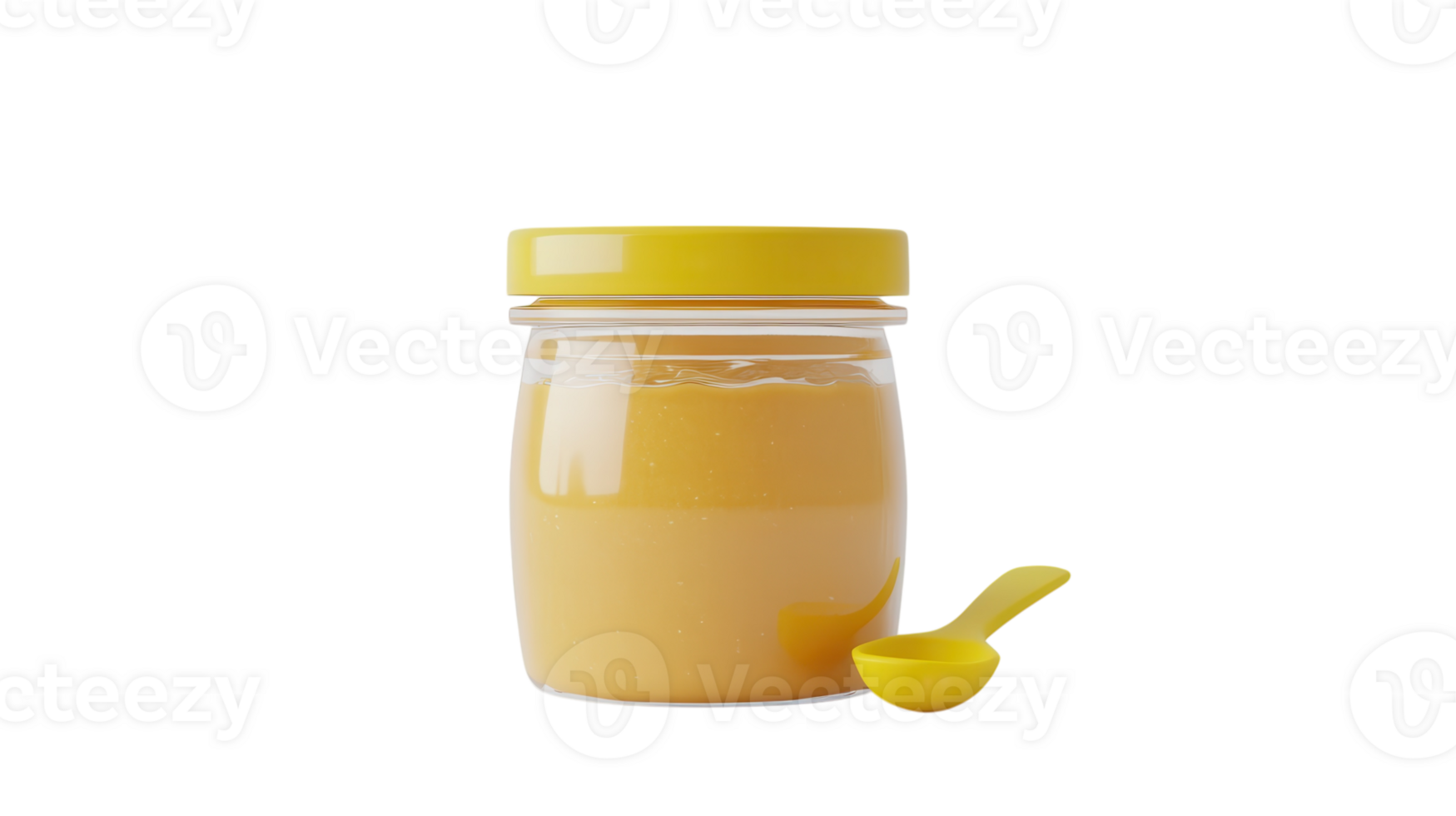A jar of creamy yellow spread with a small spoon on a white background showcasing a simple kitchen item for cooking or snacking. png