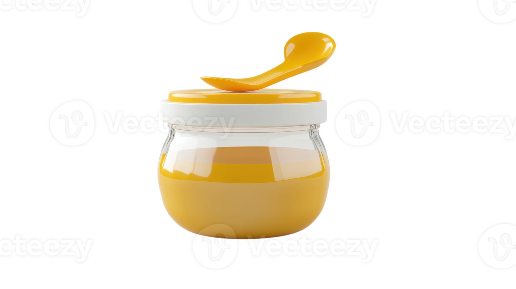A small glass jar with a yellow lid and spoon filled with creamy yellow substance on a clear background. png