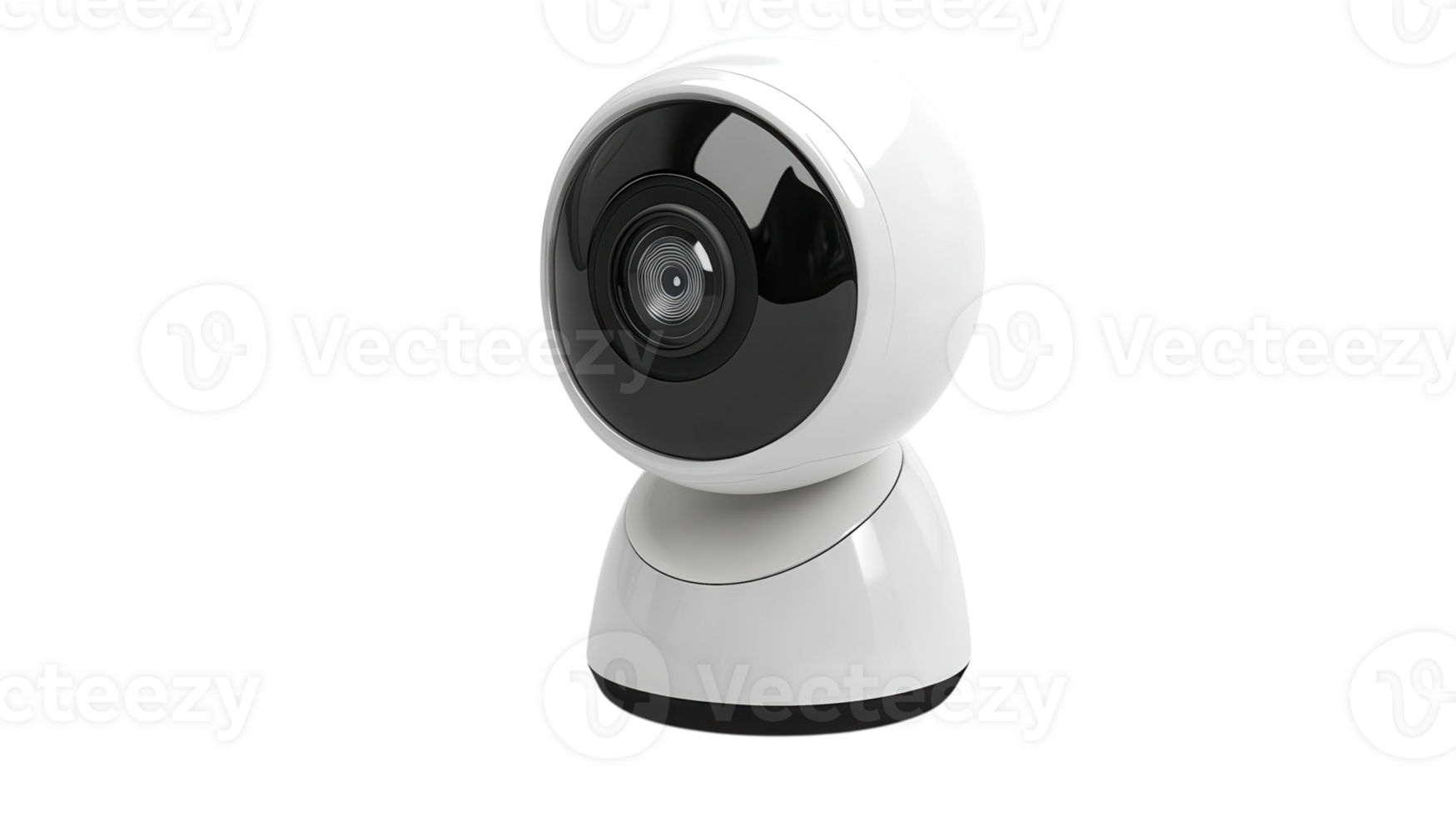A sleek modern webcam stands on a white base, ready for high-quality streaming and calls in a home office setting. png