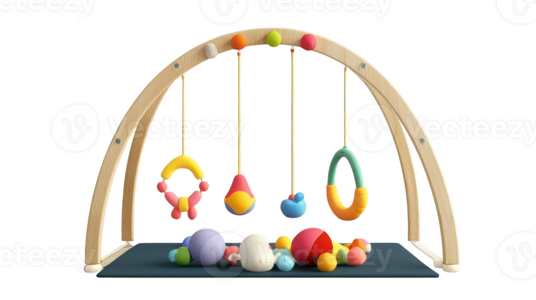Colorful wooden baby play gym with soft toys arranged on a mat in a playful setting for early development activities. png