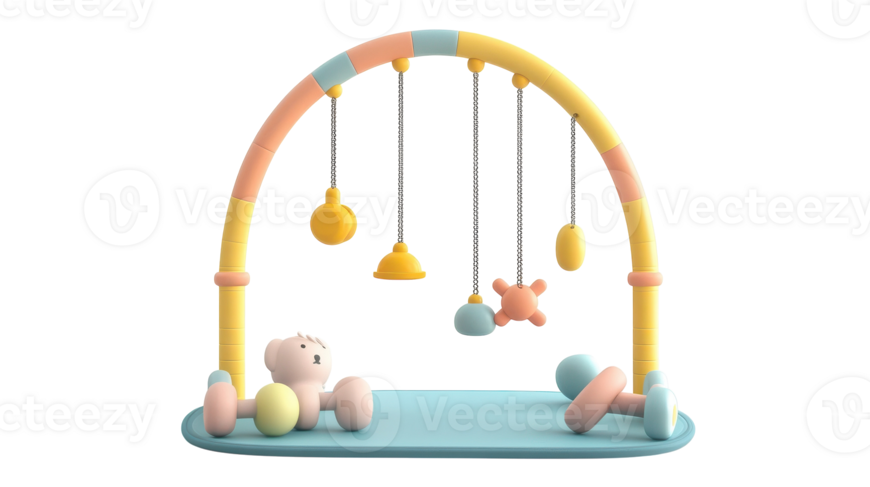 Brightly colored baby play gym with hanging toys for development in a serene indoor setting. png