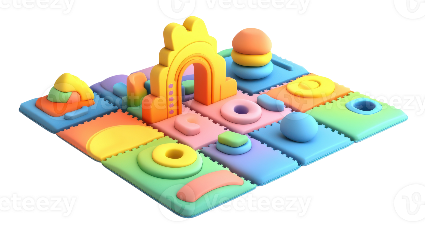 Colorful geometric play mat with various shapes and a vibrant arch for imaginative play and early childhood development. png
