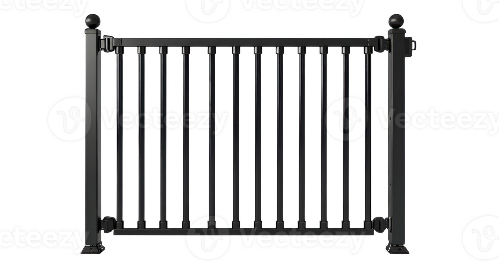 Black metal railing gate designed for outdoor spaces, featuring vertical bars and decorative finials, suitable for gardens and patios. png
