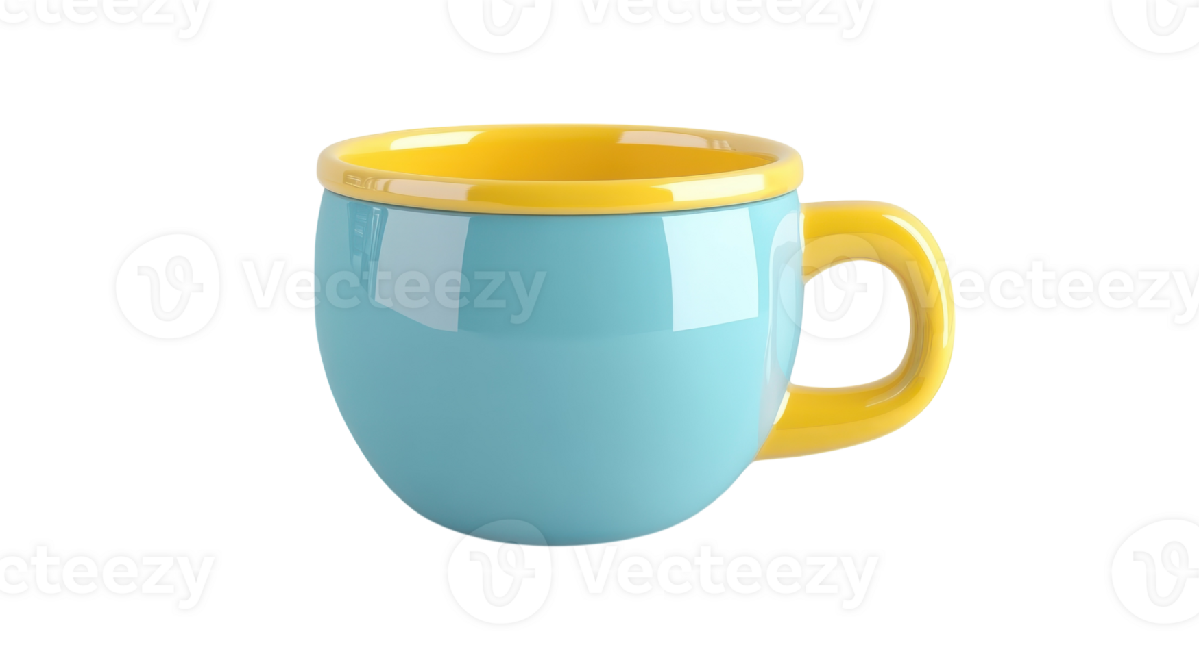 Bright blue cup with a yellow rim on a transparent background ideal for design projects and kitchen themes. png