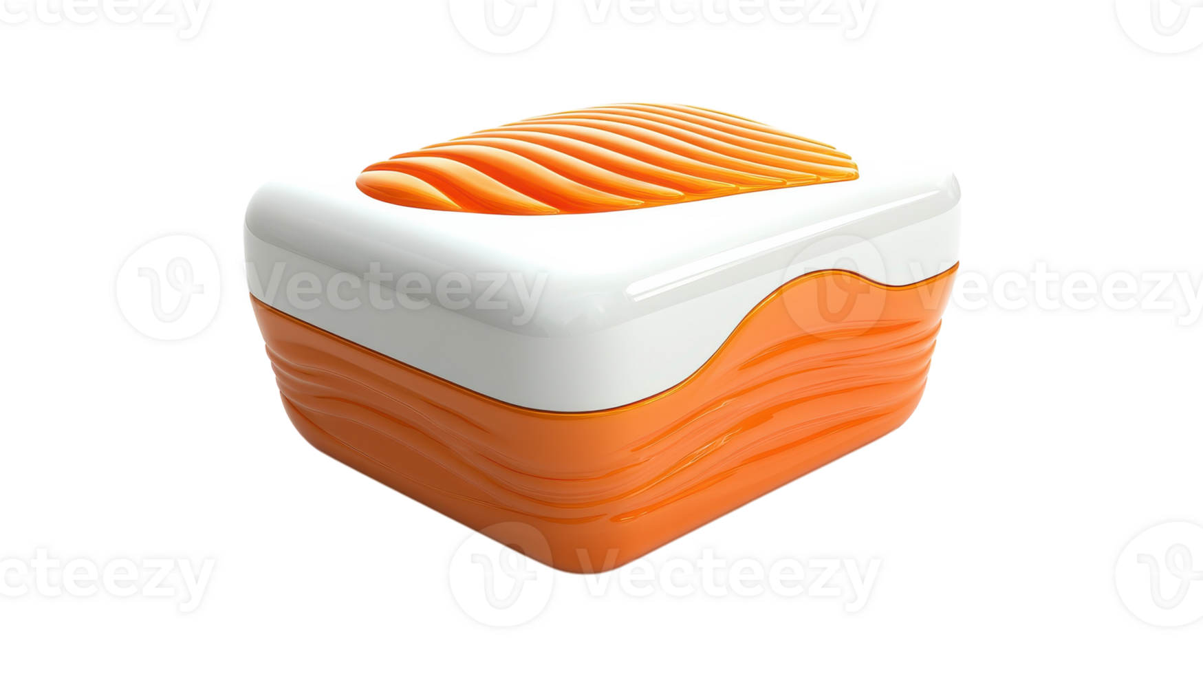 Modern sushi-themed takeout container design featuring vibrant orange and white colors with a wave pattern presenting an artistic flair. png