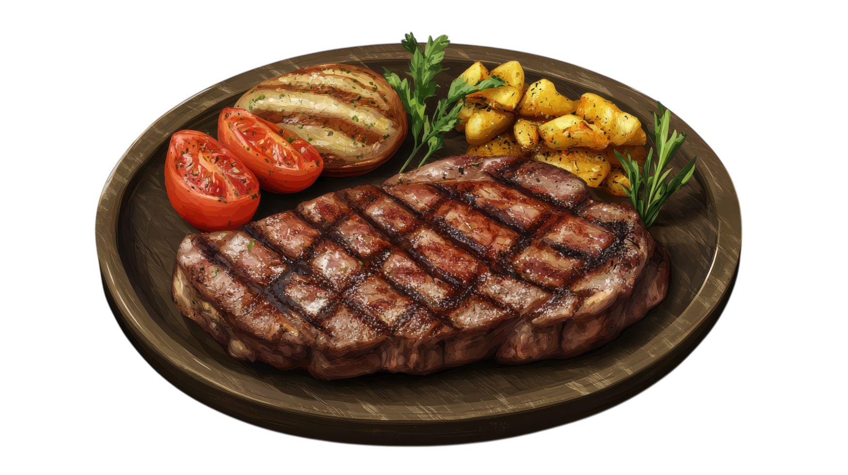 An Exquisite Realistic Steak Dinner Plated with Gourmet Sides Perfect for Culinary Showcase, Menu Design, or Food Blogging.. png