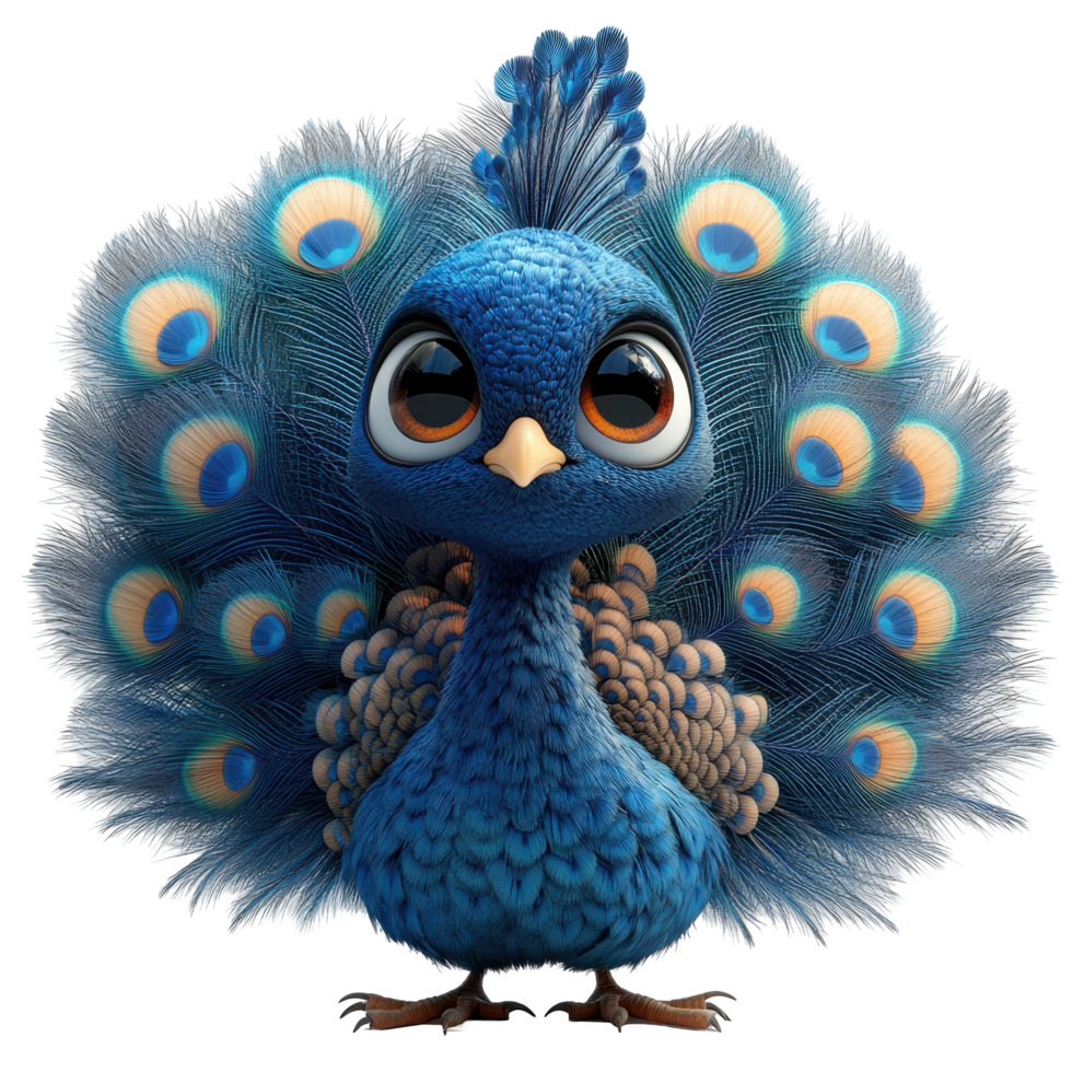 Colorful animated peacock showcasing vibrant feathers in a playful pose against a white background isolated on transparent background. png