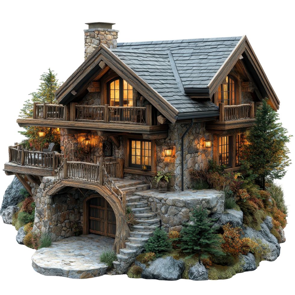 Rustic stone cottage surrounded by colorful trees and shrubs in a serene outdoor setting during twilight hours isolated on transparent background. png