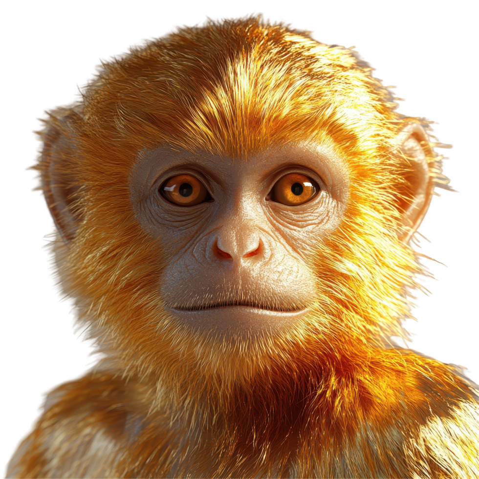 Golden-haired monkey with expressive eyes poses against a white background isolated on transparent background. png