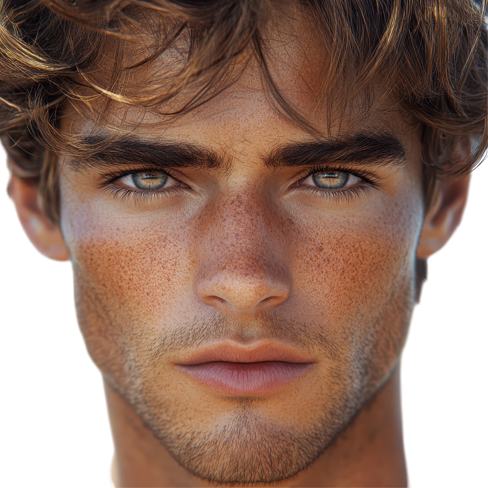 Young man with striking facial features and natural beauty poses against a plain background isolated on transparent background. png