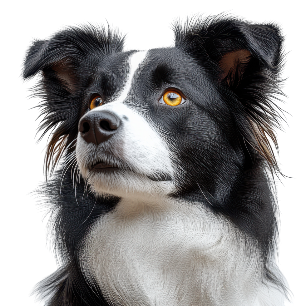 Beautiful black and white border collie with striking amber eyes gazes attentively at the camera in a studio setting isolated on transparent background. png