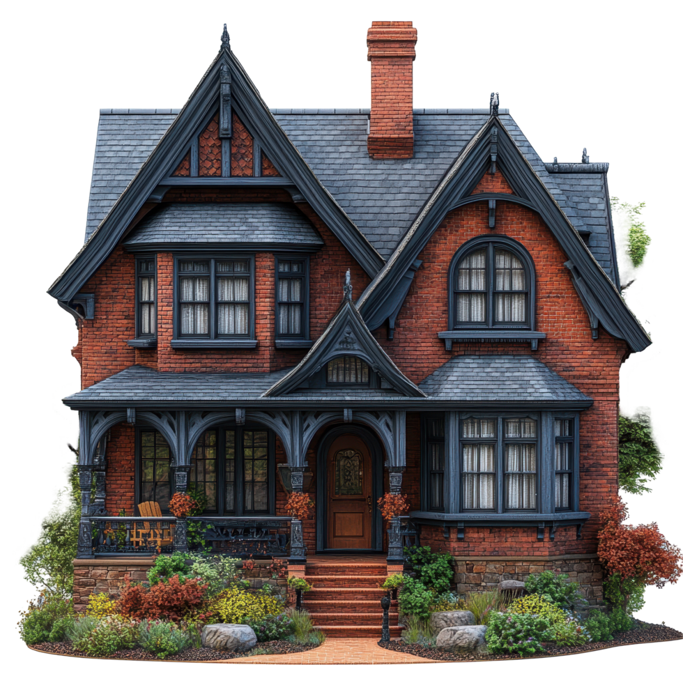Victorian style brick house with detailed architecture and lush greenery in a serene neighborhood setting isolated on transparent background. png