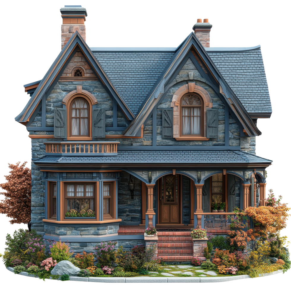 Beautiful Victorian-style house with intricate details and charming landscaping in a serene neighborhood setting isolated on transparent background. png