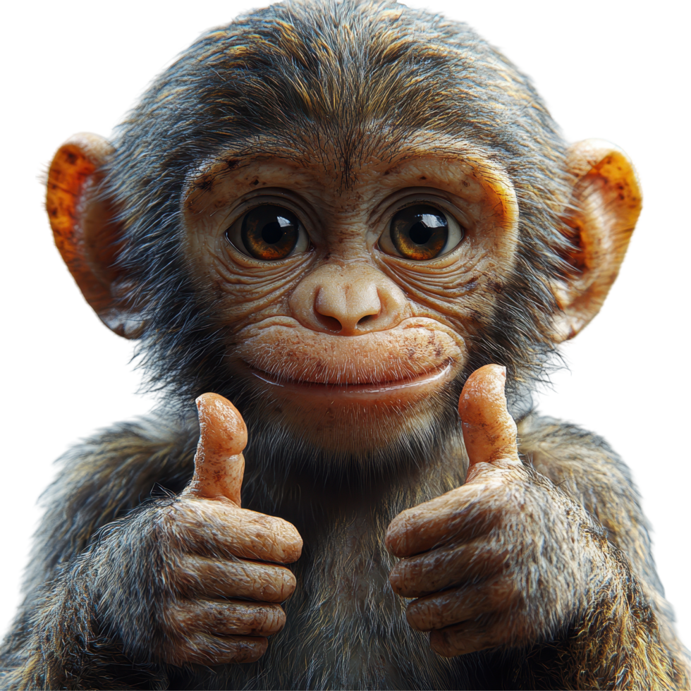 Happy young monkey showing thumbs up with a friendly expression in a playful setting isolated on transparent background. png