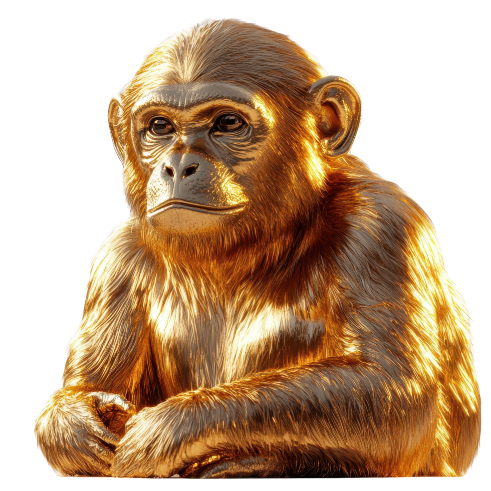 Golden monkey sits calmly, showcasing its unique fur and thoughtful expression in a minimalist setting isolated on transparent background. png