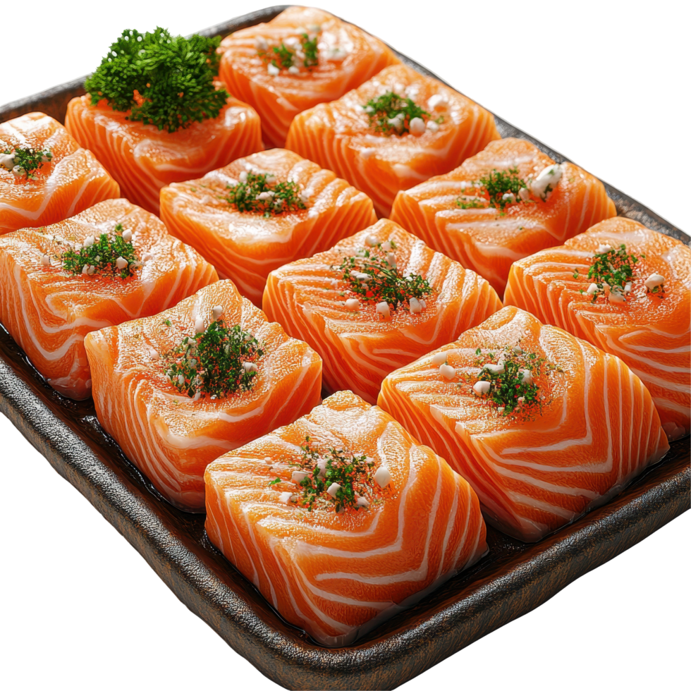 Fresh salmon sashimi served on a black platter with garnishes and herbs ready for sushi preparation isolated on transparent background. png