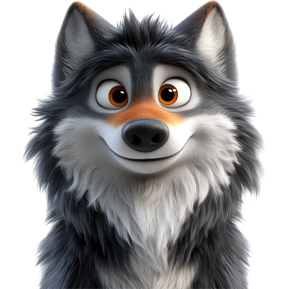 Happy cartoon wolf character with bright eyes and fluffy fur in a playful expression against a plain background isolated on transparent background. png