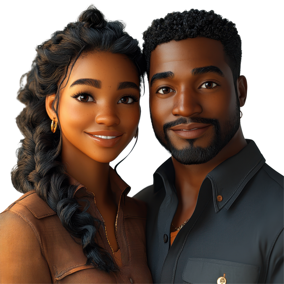 Couple poses together, showcasing joy and connection in a warm, inviting atmosphere during a casual moment isolated on transparent background. png