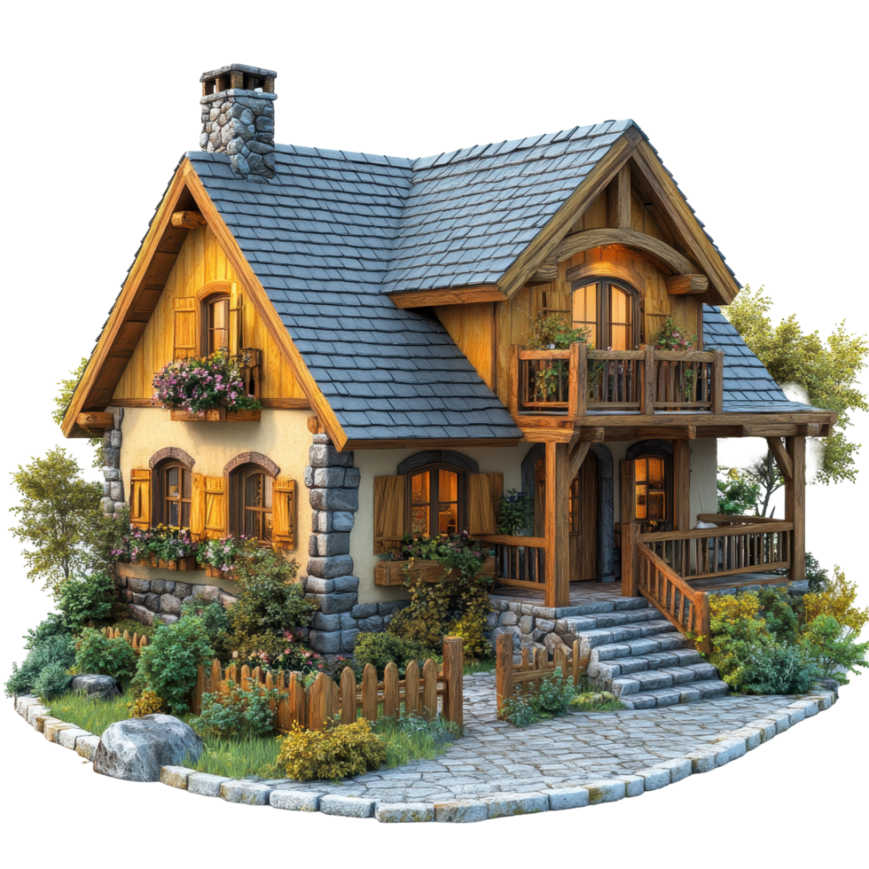 Charming wooden cottage with stone accents and vibrant garden is a picturesque retreat in a serene setting isolated on transparent background. png