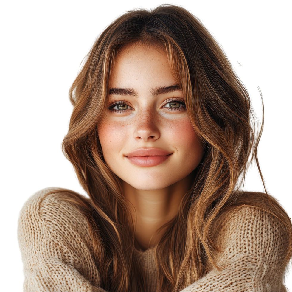 Young woman with long hair smiles while wearing a cozy sweater in a neutral setting during the day isolated on transparent background. png
