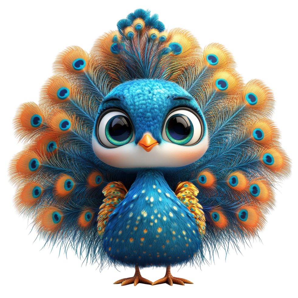 Colorful cartoon peacock displaying feathers in a whimsical design isolated on transparent background. png