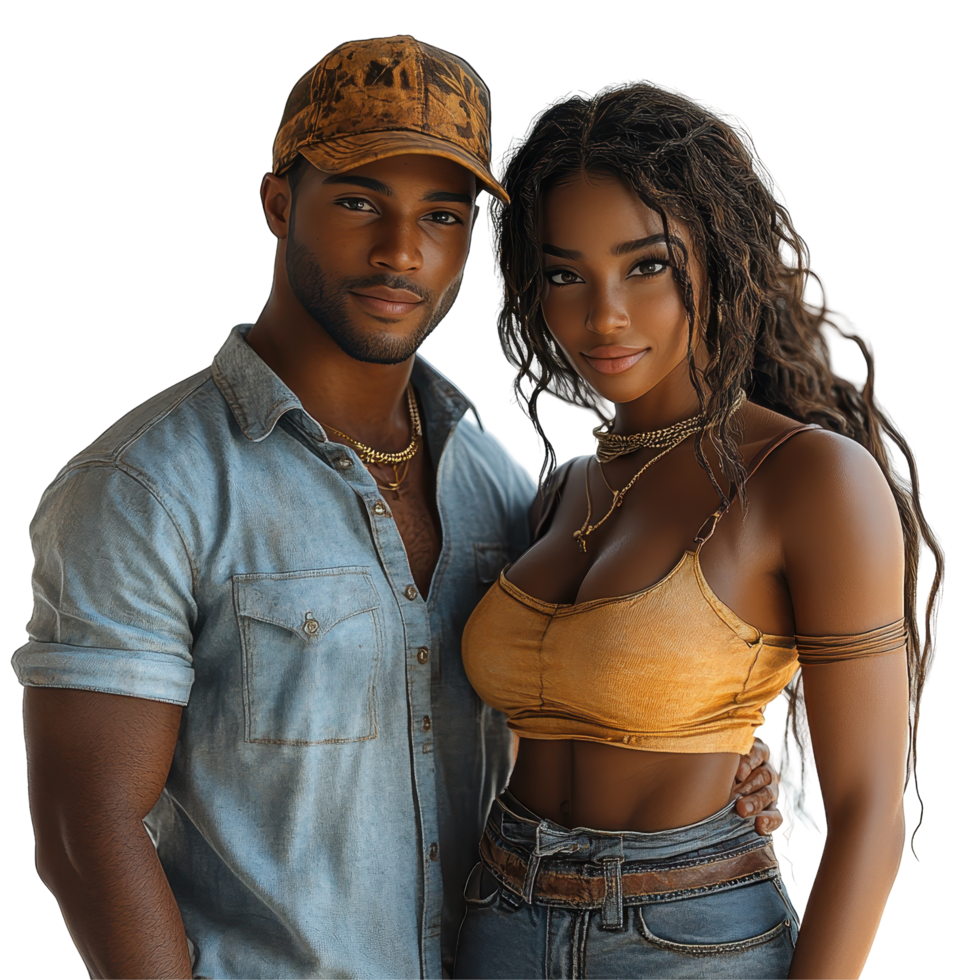 Couple poses together in casual outfits under natural light outdoors at a sunny day isolated on transparent background. png