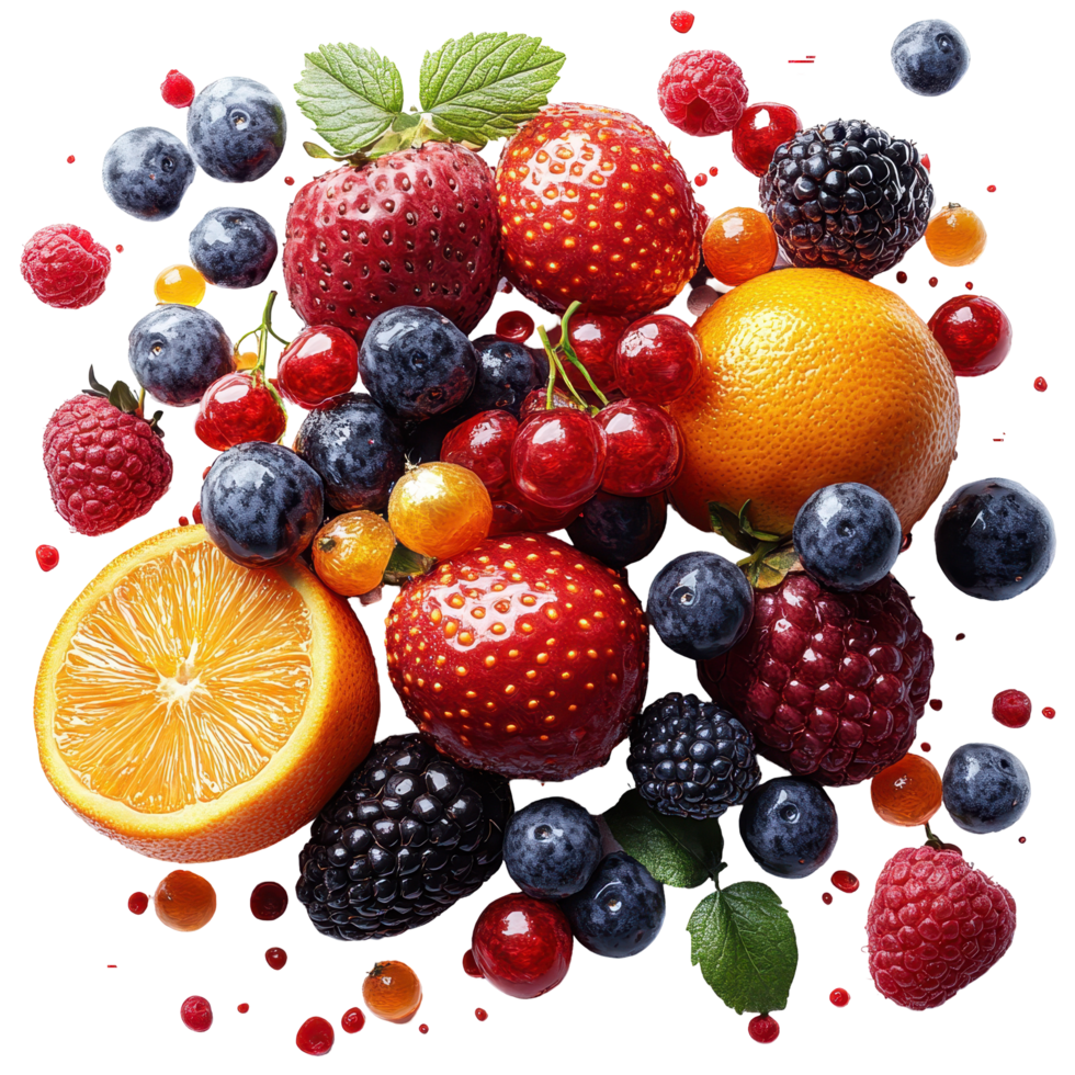Freshly picked assortment of colorful fruits arranged beautifully in a vibrant display on a white background isolated on transparent background. png
