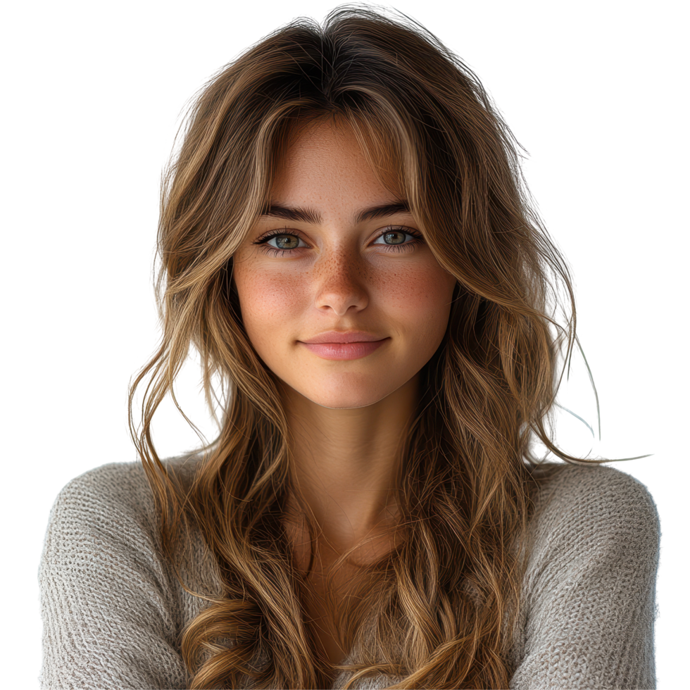 Young woman with long hair and freckles poses warmly against a plain backdrop isolated on transparent background. png