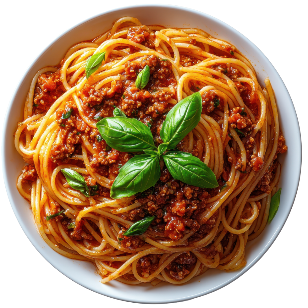 Delicious plate of spaghetti bolognese topped with fresh basil in a white bowl isolated on transparent background. png