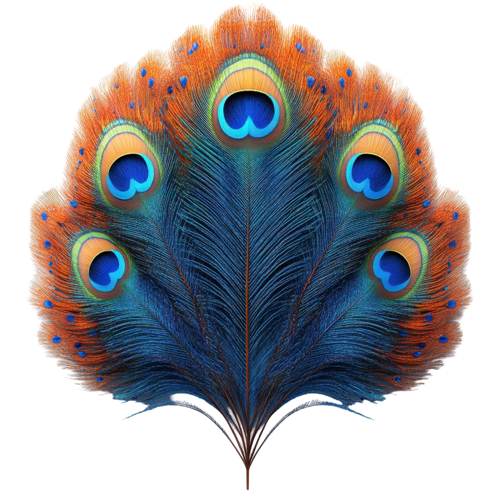 Colorful peacock feather display showcasing vibrant hues and intricate patterns isolated on transparent background. png