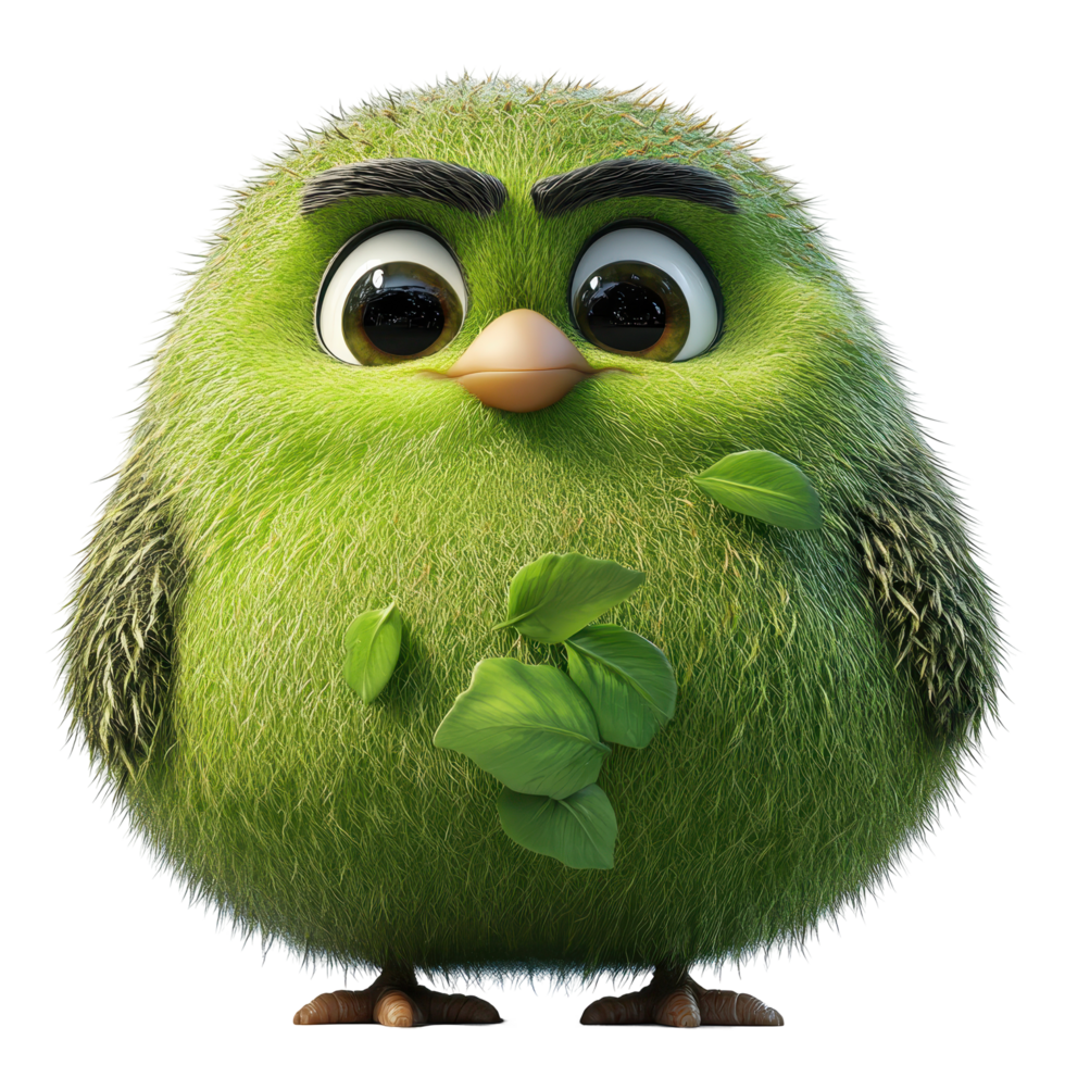 Cute green animated bird holding leaves in a whimsical style at a cartoon forest setting isolated on transparent background. png