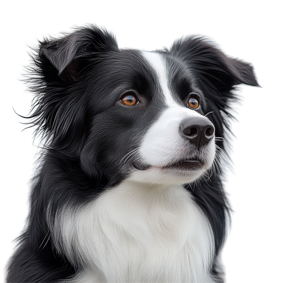 Beautiful border collie poses for a close-up portrait with a striking black and white coat isolated on transparent background. png