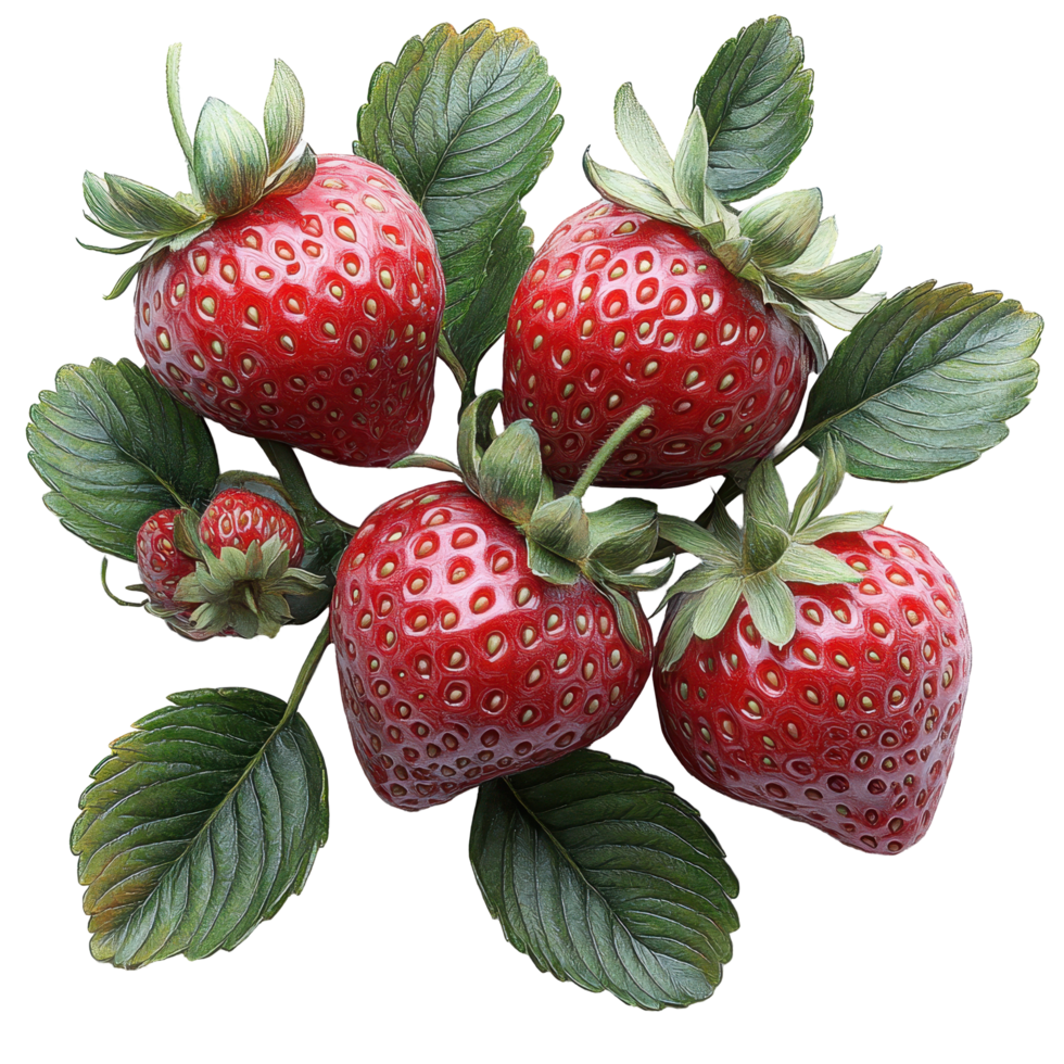 Fresh, ripe strawberries with vibrant green leaves displayed in a natural arrangement on a light background isolated on transparent background. png