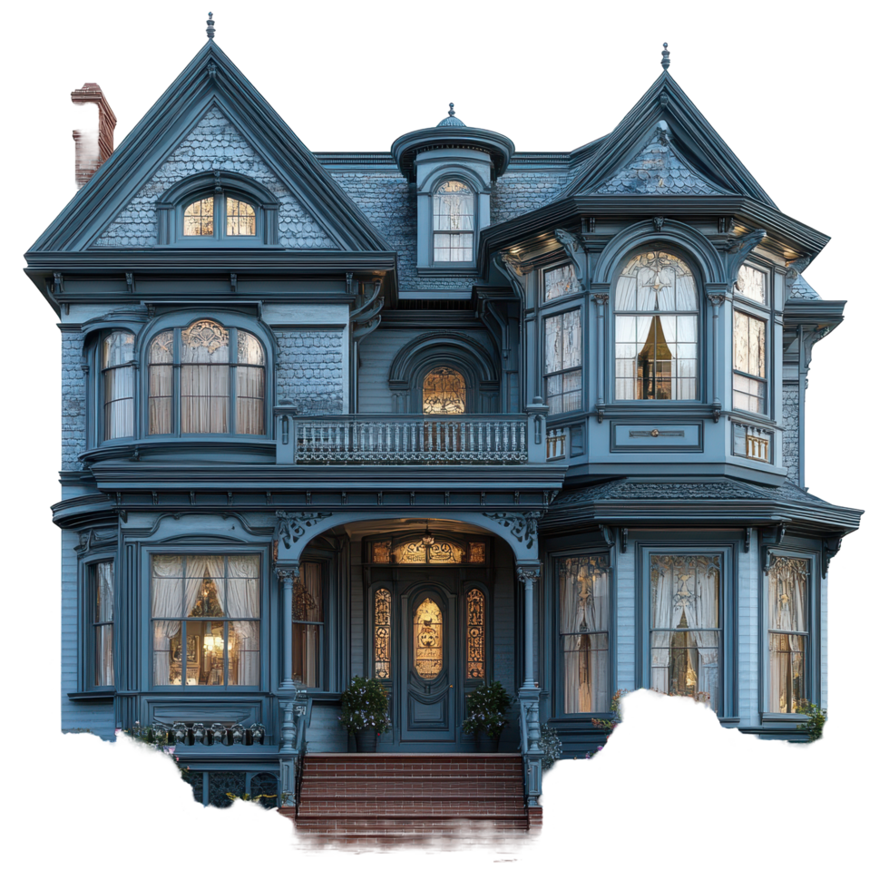 Historic blue Victorian house with intricate architectural details and elegant windows in a residential neighborhood isolated on transparent background. png