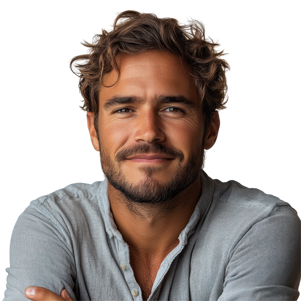 Man with curly hair smiles confidently while wearing a casual shirt against a plain background isolated on transparent background. png