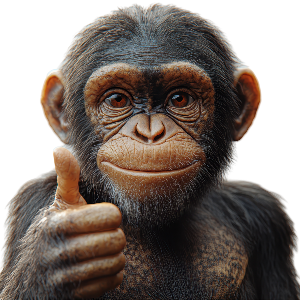 Monkey giving a thumbs up while looking directly at the camera in a friendly manner isolated on transparent background. png