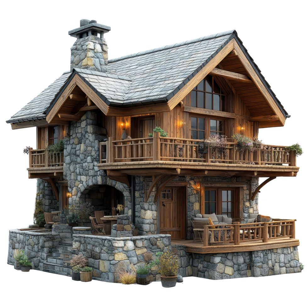 Rustic wooden and stone house surrounded by greenery in a scenic mountainous area isolated on transparent background. png