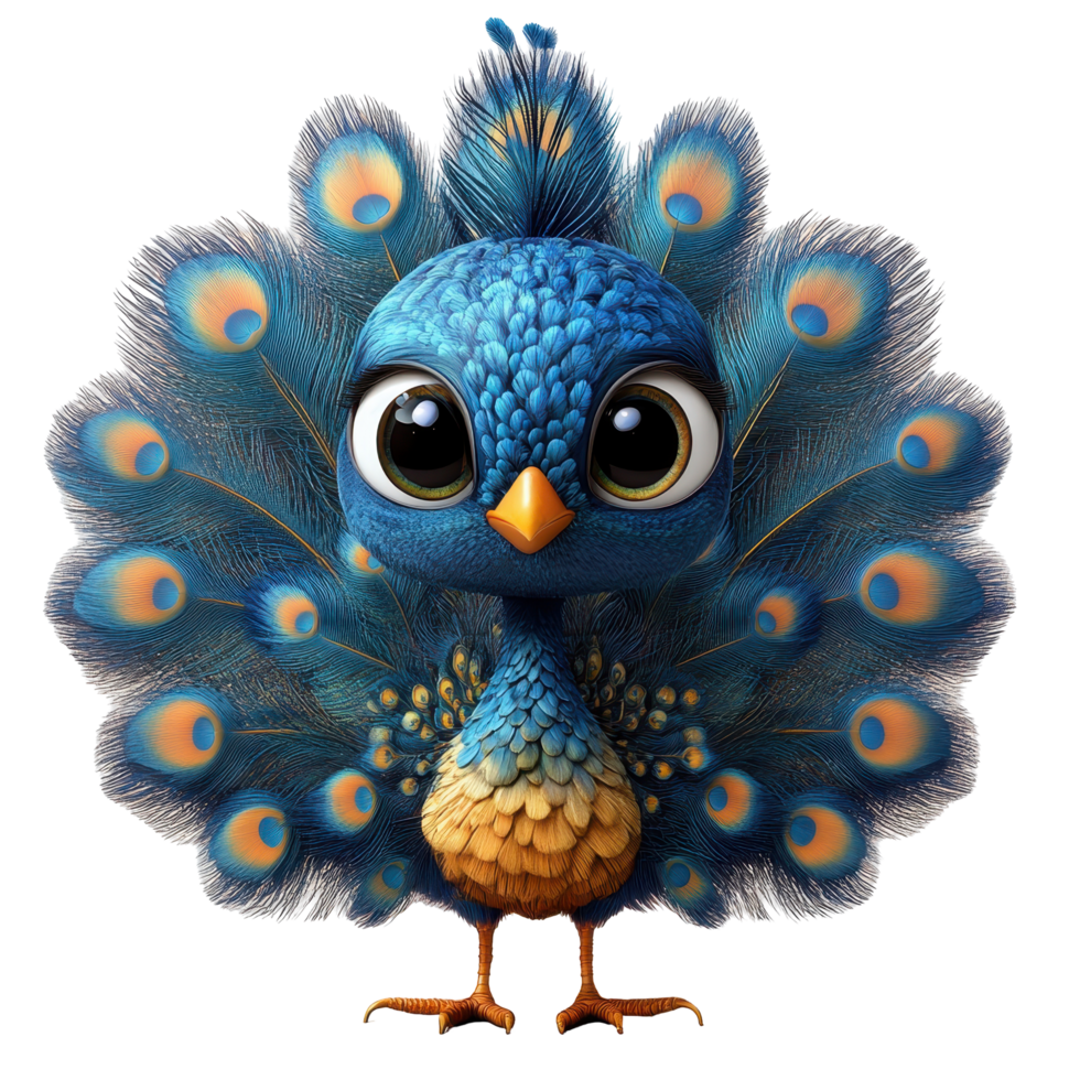 Colorful cartoon peacock with large eyes displaying vibrant feathers in a playful pose isolated on transparent background. png